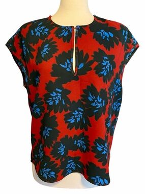 J. Crew Red, Black and Blue Floral Cap Sleeve Blouse Keyhole Front Women's 6